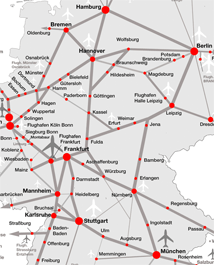 ICE VERBINDUNGEN KARTE &Uuml;BERSICHT, STRECKENPLAN, LINIEN, MAP, FAHRPLAN UND REISEZEITEN ZWISCHEN HAMBURG, BERLIN, MUENCHEN, STUTTGART, FRANKFURT, KOELN, DUESSELDORF, HANNOVER, MANNHEIM, KARLSRUHE MIT DEM ICE DER DEUTSCHEN BAHN® 